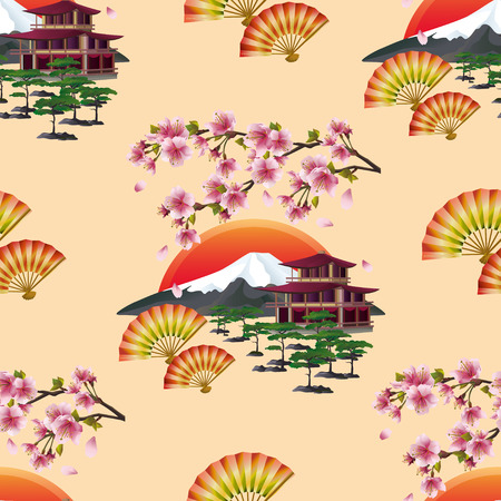 Beautiful golden background seamless pattern with branch of blossoming pink sakura  - cherry tree, japanese landscape, two fans and traditional japanese house. Floral spring wallpaper. Graphic design. Vector illustrationのイラスト素材