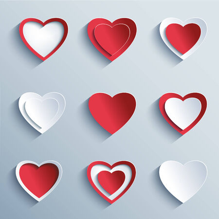 Set of trendy icons - red and white paper 3d hearts for Valentines Day, wedding, birthday, isolated on gray background. Elements of modern design. Vector illustrationのイラスト素材