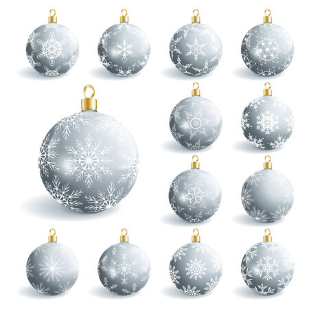 Set of beautiful grey glass Christmas balls, isolated on white background. Festive decoration, element of design. Vector illustrationのイラスト素材
