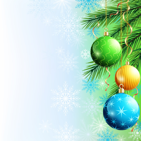 Festive luxury background for New Year and Christmas with Christmas tree, christmas ball, garlands and snowflakes. New Year and Christmas celebratory card with place for text. Beautiful Christmas wallpaper. Vector illustrationのイラスト素材