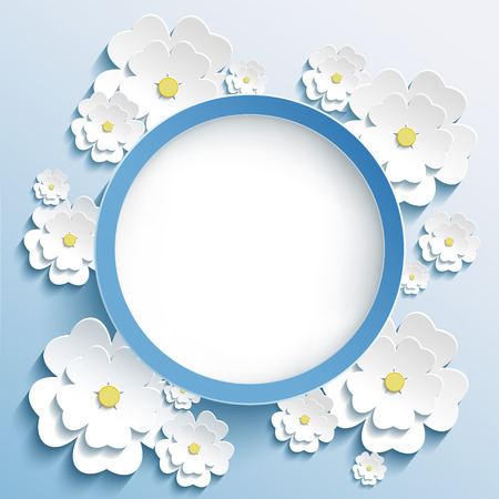 Beautiful trendy round frame with 3d white flowers sakura - japanese cherry tree. Greeting or invitation card with stylized blossoming sakura. Stylish modern blue background. Vector illustrationのイラスト素材