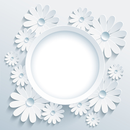 Beautiful trendy round frame with white 3d flower chamomile. Greeting or invitation card with creative stylized chamomiles. Stylish modern grey background, place for text. Vector illustrationのイラスト素材
