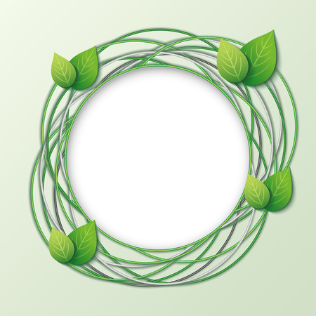 Eco creative round frame with circles and fresh green 3d leaves. Abstract modern stylish background with place for text. Vector illustrationのイラスト素材
