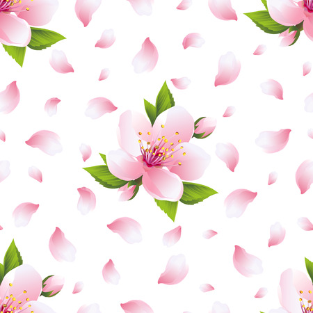 Beautiful light background seamless pattern with pink sakura blossom - japanese cherry tree and flying petals. Floral spring nature wallpaper. Vector illustrationのイラスト素材
