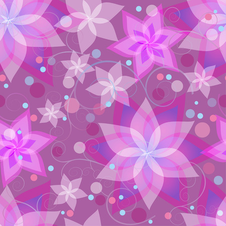 Beautiful ornamental background seamless pattern with pink and purple summer flowers lilies, circles and swirls. Floral stylish bright wallpaper with violet stylized flowers. Vector illustrationのイラスト素材