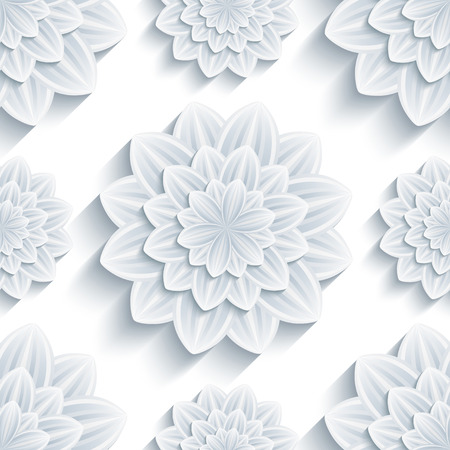 Beautiful trendy nature background seamless pattern with grey - white summer 3d flower chrysanthemum. Floral modern gray wallpaper. Stylish greeting or invitation card. Vector illustrationのイラスト素材