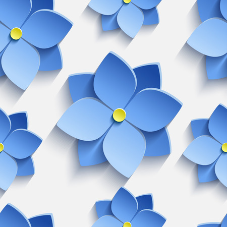 Beautiful trendy nature background seamless pattern with blue stylized summer 3d flowers violets. Floral stylish modern wallpaper. Greeting or invitation card. Vector illustrationのイラスト素材