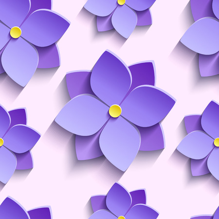 Beautiful trendy nature background seamless pattern with purple stylized summer 3d flowers violets. Floral stylish modern wallpaper. Greeting or invitation card. Vector illustrationのイラスト素材