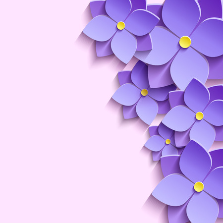 Beautiful modern creative background with stylized purple summer 3d flowers violets. Floral stylish trendy wallpaper. Greeting or invitation card for wedding birthday life events. Vector illustration