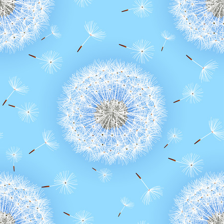 Beautiful nature blue background seamless pattern with flowers dandelions and white flying fluff. Floral seamless pattern with summer or spring flowers. Stylish trendy bright wallpaper. Vector illustrationのイラスト素材