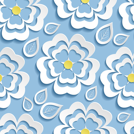 Modern stylish nature blue background seamless pattern with white ornate stylized blossoming flower sakura japanese cherry tree and leaves 3d style. Beautiful floral trendy wallpaper. Greeting or invitation card for wedding birthday life event. Vector illのイラスト素材