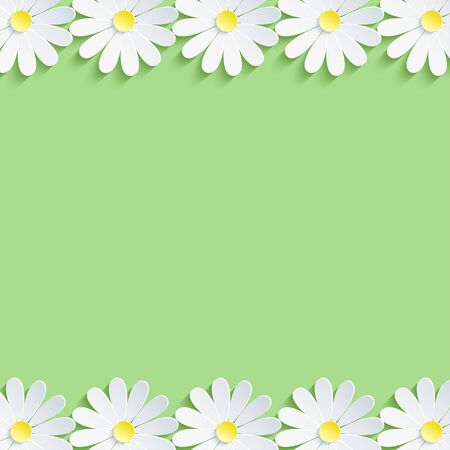 Stylish modern nature background with white chamomiles. Floral frame with 3d paper flowers. Trendy floral green background with place for text. Abstract beautiful spring or summer wallpaper. Vector illustrationのイラスト素材