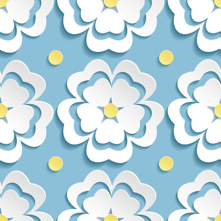 Beautiful modern nature background seamless pattern blue with white ornate stylized blossoming 3d flower sakura japanese cherry tree and yellow circles. Floral stylish trendy wallpaper. Greeting or invitation card. Vector illustrationのイラスト素材
