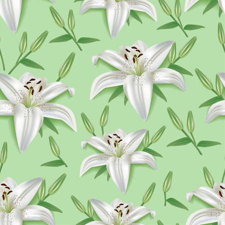 Beautiful trendy green nature background seamless pattern with white summer 3d flowers lilies leaves buds. Elegant floral stylish modern wallpaper. Greeting or invitation card. Vector illustrationのイラスト素材