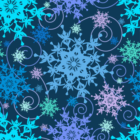 Beautiful bright dark blue background seamless pattern with colorful ornate snowflakes and swirlsのイラスト素材
