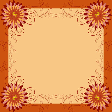 Background with orange, red, yellow flower chrysanthemum and swirls. Beautiful floral golden wallpaperのイラスト素材