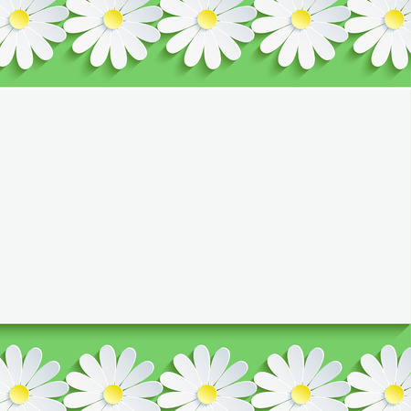 Stylish floral background, 3d flowers chamomiles. Abstract trendy spring or summer background with sheet of paper - place for text. Rectangular frame. Modern creative wallpaper. Vector illustrationのイラスト素材