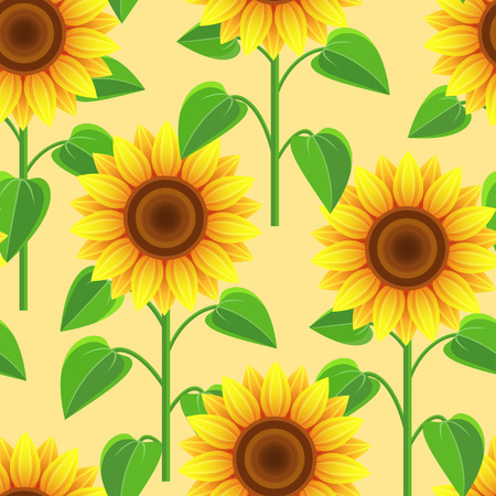 Beautiful nature background seamless pattern yellow, orange with sunflowers. Floral bright seamless pattern with stylized summer flowers. Trendy romantic stylish wallpaper. Vector illustrationのイラスト素材