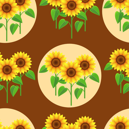 Beautiful nature background seamless pattern brown with yellow - orange sunflowers and circles.のイラスト素材