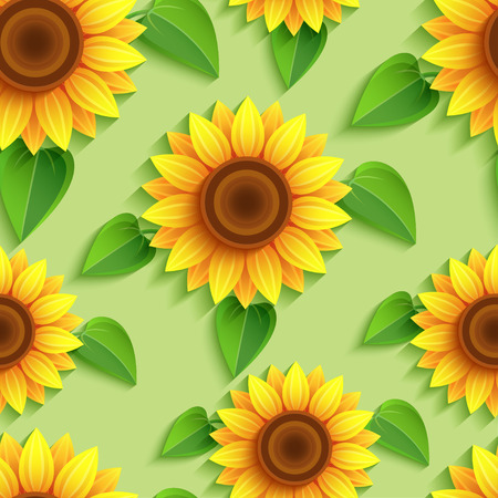 Beautiful nature background seamless pattern with 3d sunflowers. Floral modern backdrop with orange, yellow summer flower and leaves. Bright stylish trendy wallpaper. Greeting, invitation card. Vector illustrationのイラスト素材