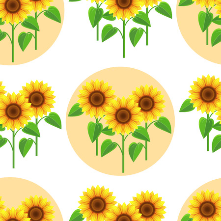 Beautiful nature background seamless pattern white with yellow - orange sunflowers and circles. Floral bright seamless pattern with stylized summer flowers. Trendy romantic stylish wallpaper. Vector illustrationのイラスト素材