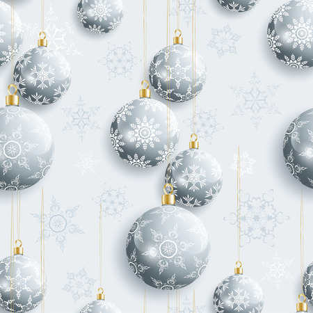 Beautiful grey background seamless pattern with Christmas balls and white, gray ornate stylized snowflakes. Seasonal winter festive seamless wallpaper for New Year and Christmas. Greeting or invitation card. Vector illustration.のイラスト素材