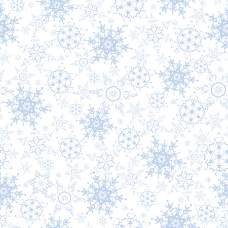Beautiful festive white background seamless pattern with blue - grey stylized ornate snowflakes. Luxury seasonal winter seamless wallpaper for New Year and Christmas. Vector illustration.のイラスト素材