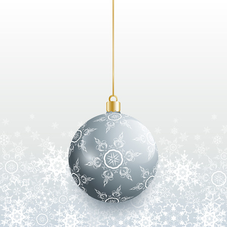 Beautiful grey background with gray Christmas balls and white ornate stylized snowflakes. Seasonal winter festive wallpaper for New Year and Christmas. Greeting or invitation card. Vector illustration.のイラスト素材