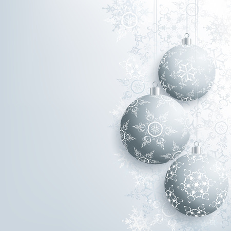 Beautiful background with gray Christmas balls and grey, white ornate stylized snowflakes. Stylish winter festive wallpaper for New Year and Christmas. Greeting or invitation card. Vector illustration.のイラスト素材