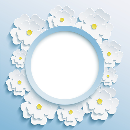 Beautiful trendy blue round frame with 3d white flowers sakura, japanese cherry tree. Invitation or greeting card with stylized blossoming sakura. Stylish modern festive background. Vector illustrationのイラスト素材