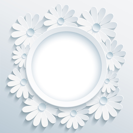 Beautiful trendy grey round frame with white 3d flower chamomile. Greeting or invitation card with creative stylized flower. Floral stylish modern background, place for text. Vector illustrationのイラスト素材