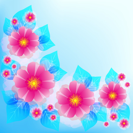 Festive romantic light blue background with pink flowers and leaves. stylish floral wallpaper. Greeting or invitation card for wedding, birthday and life events with place for text. illustrationのイラスト素材