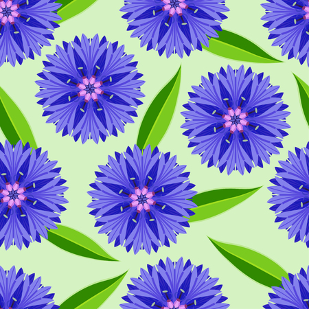 Beautiful nature green seamless pattern with cornflowers and leaves. Floral bright background with stylized summer flowers. Trendy stylish wallpaper. Vector illustrationのイラスト素材