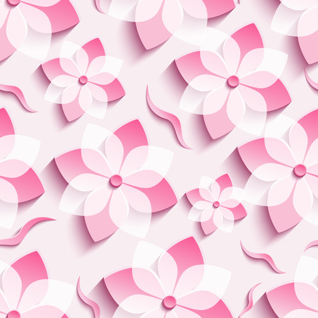 Light trendy background seamless pattern with pink 3d flower sakura - japanese cherry tree and leaf cutting paper. Floral stylish modern wallpaper. Vector illustrationのイラスト素材