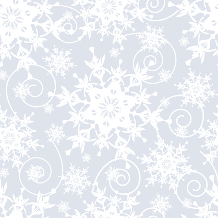 Winter grey background seamless pattern with white ornate stylized snowflakes and swirls. Seasonal light festive wallpaper for New Year and Christmas. Vector illustration.のイラスト素材