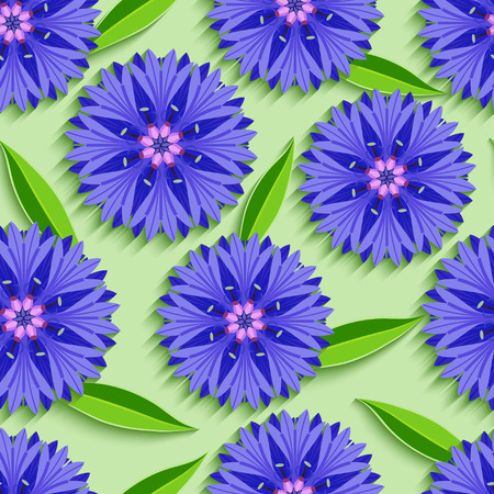 Trendy nature green seamless pattern with 3d cutting paper cornflowers and leaves. Floral bright background with summer flowers. Modern stylish wallpaper. Vector illustrationのイラスト素材