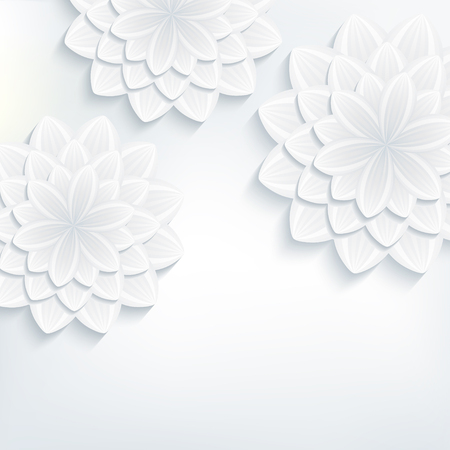 Floral trendy background with white and grey stylized 3d flowers chrysanthemum cutting paper. Beautiful stylish modern wallpaper. Greeting or invitation card for wedding, birthday. Vector illustrationのイラスト素材