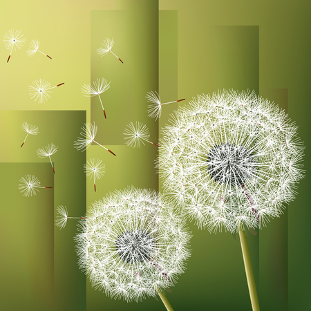 Stylish modern geometric green background with two flowers dandelions and flying fluff. Abstract trendy floral wallpaper. Vector illustrationのイラスト素材