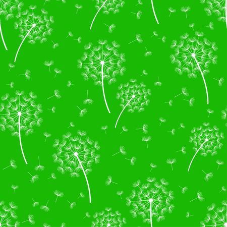 Beautiful nature green background seamless pattern with white dandelion fluff. Floral seamless pattern with summer or spring flowers. Stylish trendy wallpaper. Vector illustrationのイラスト素材