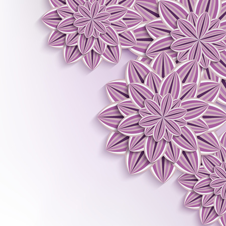 Floral elegant background with purple, violet ornate 3d flowers dahlia cutting paper. Beautiful trendy creative wallpaper. Stylish greeting or invitation card for wedding, birthday and life events. Vector illustrationのイラスト素材
