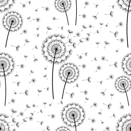 Beautiful white seamless pattern with black stylized dandelion and flying fluff. Floral light background with summer or spring flowers. Stylish trendy nature wallpaper. Vector illustrationのイラスト素材