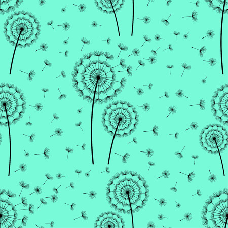 Beautiful bright green - blue seamless pattern with black stylized dandelion and flying fluff. Floral background with summer or spring flowers. Stylish trendy nature wallpaper. Vector illustrationのイラスト素材