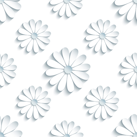Beautiful modern light background seamless pattern with white 3d flower chamomiles cutting paper. Floral trendy creative wallpaper. Stylish nature backdrop. Vector illustrationのイラスト素材