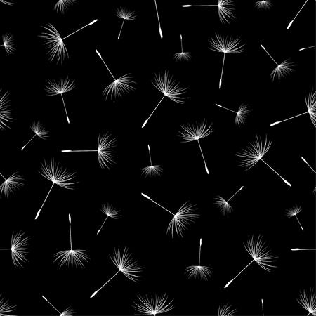 Beautiful floral black background seamless pattern with white dandelion fluff silhouette. Dark nature backdrop. Trendy stylish wallpaper. Vector illustrationのイラスト素材