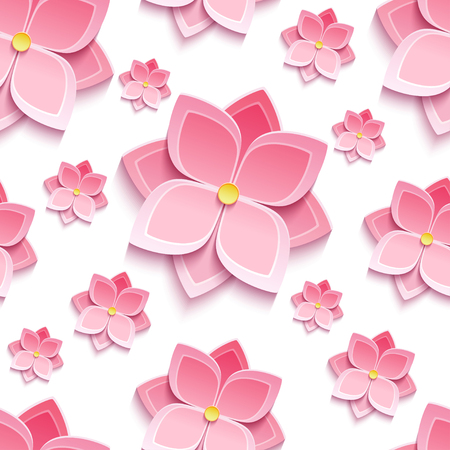 Trendy background seamless pattern with decorative pink 3d flower sakura, japanese cherry tree, cutting paper. Floral stylish modern wallpaper. Vector illustrationのイラスト素材