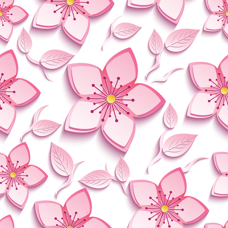 Trendy background seamless pattern with decorative pink 3d sakura blossom, japanese cherry tree branch cutting paper. Stylish modern floral wallpaper with flower and leaf. Vector illustrationのイラスト素材