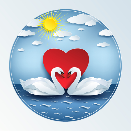 Trendy abstract Valentine's day background with two stylized white swans and red 3d heart cutting paper, round frame. Modern stylish wallpaper nature backdrop beautiful love card vector.のイラスト素材