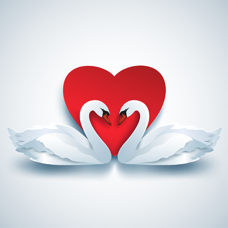 Trendy abstract Valentines day white, gray background with two stylized swans and red 3d heart cutting paper. Modern stylish wallpaper. Beautiful love card. Vector illustrationのイラスト素材