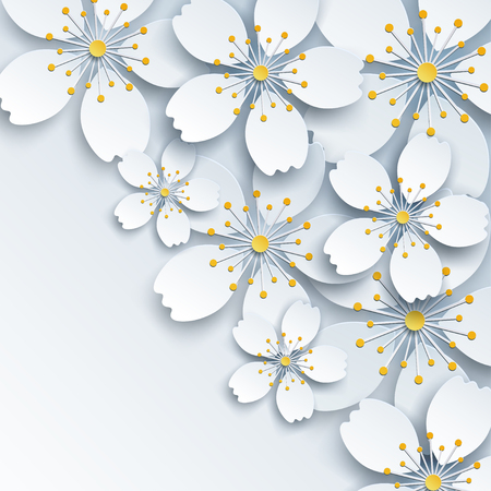 Beautiful floral trendy background grey with white 3d sakura cutting paper, japanese cherry tree. Stylish modern light wallpaper. Greeting, invitation card for Wedding, Birthday, Mothers day, Woman's dayのイラスト素材