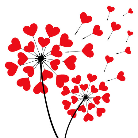 Two beautiful stylized romantic dandelions blowing heart shaped isolated on white background. Floral stylish trendy wallpaper with spring, summer flowers and red flying fluff. Modern love backdrop. Vector illustrationのイラスト素材